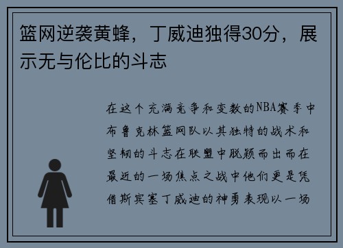 篮网逆袭黄蜂，丁威迪独得30分，展示无与伦比的斗志